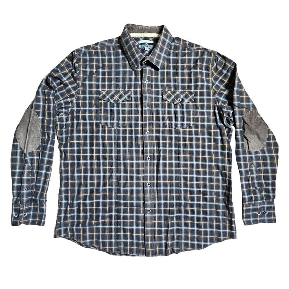 Johnston & Murphy Slim Fit Plaid Long Sleeve Shirt Elbow Patches XL Cotton Blend